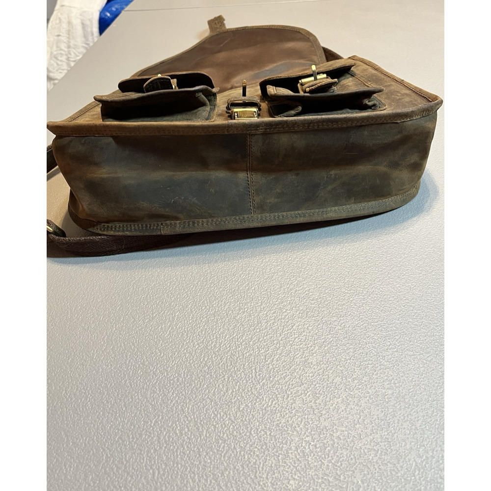 Brown Leather Messenger Bag Satchel Crossbody Distressed Pockets Buckle Accents - Picture 9 of 16